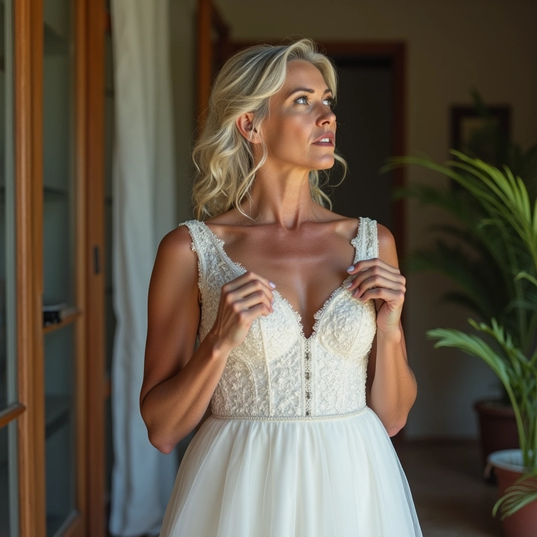 Mulher segurando vestido de noiva, refletindo sobre seu significado.