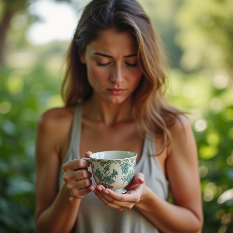 Mulher segurando xícara quebrada na mão, olhando com desapontamento.