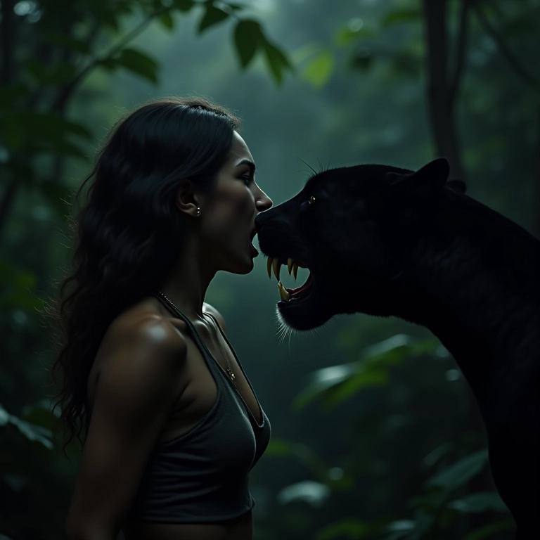 Mulher sendo atacada por uma onça preta em sonho.