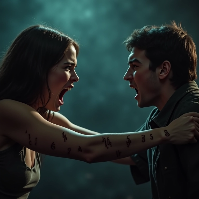 Mulher sendo atacada por zumbi com números escritos no braço.