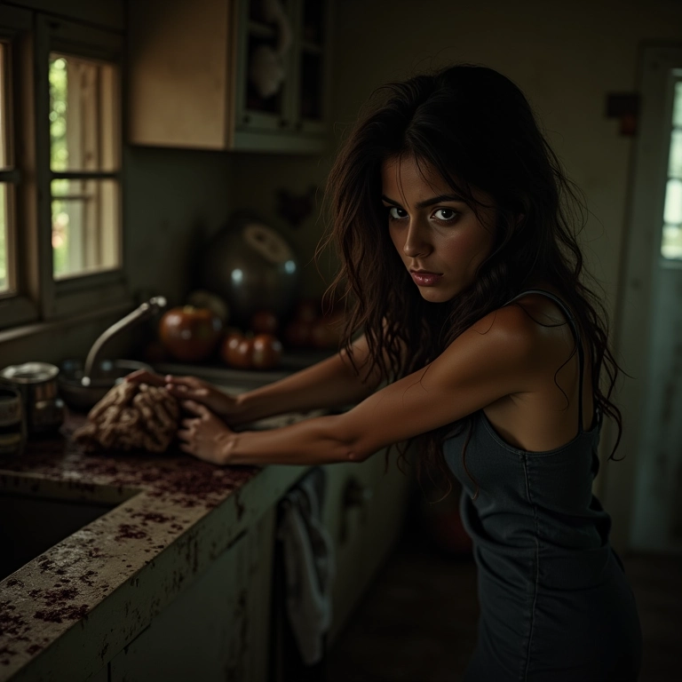 Mulher sendo atacada por zumbi em cozinha rústica brasileira, expressando horror.