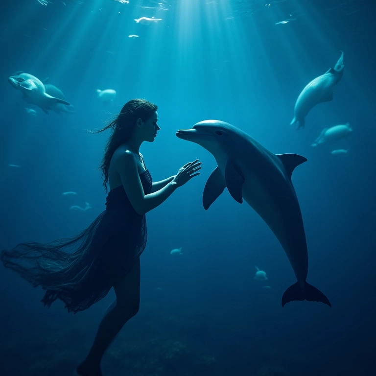 Mulher sendo levada por um golfinho para o fundo do mar.