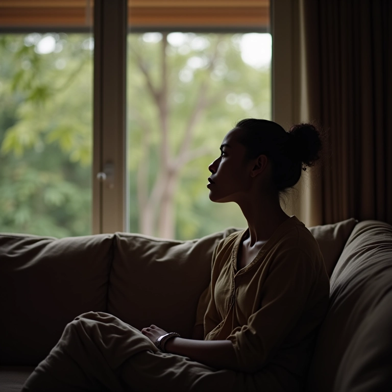 Mulher sentada sozinha no sofá, olhando pela janela com expressão triste, medo de ser abandonada.