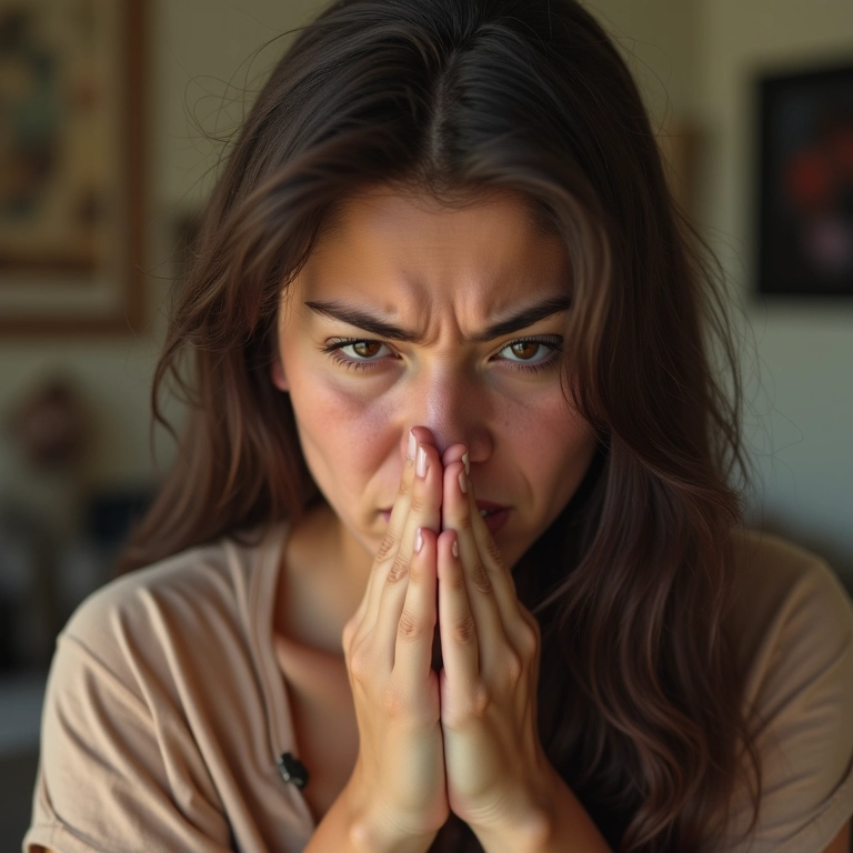 Mulher sentindo cheiro forte de xixi de cachorro.