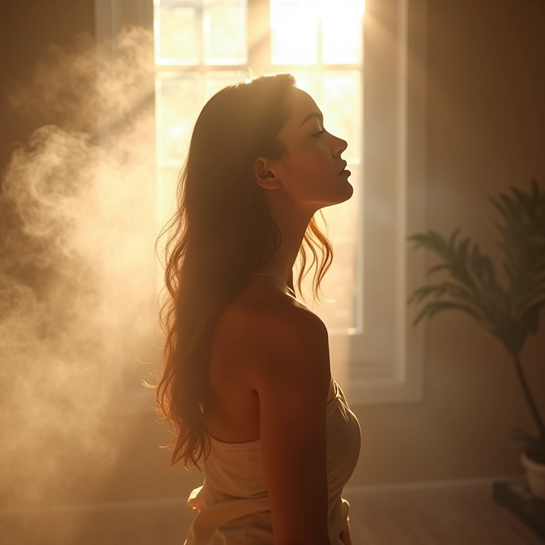 Mulher serena em quarto brasileiro, envolta em névoa, contemplando a vida após sonhar com a morte.