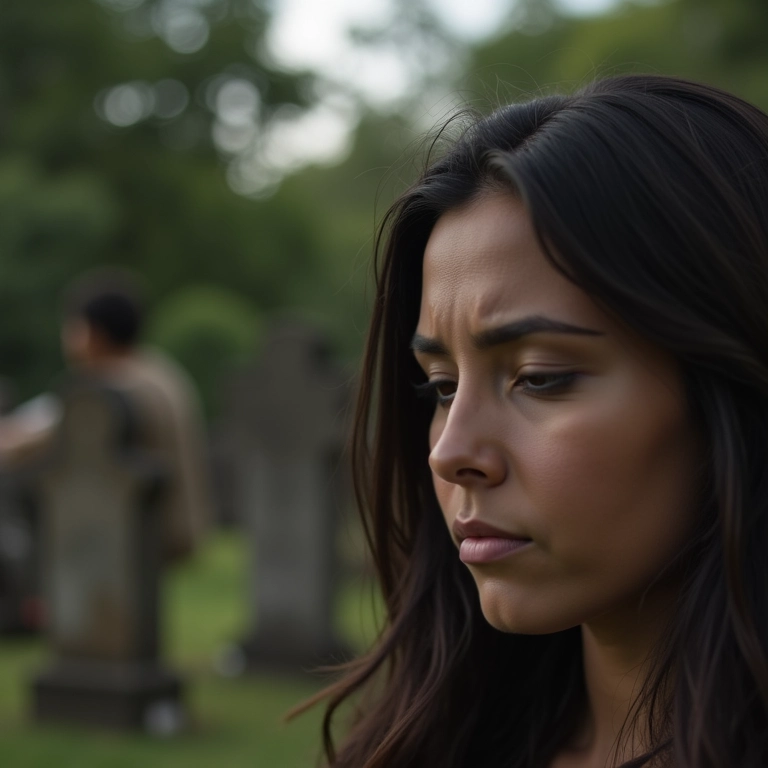 Mulher sofrendo em um funeral, representando 'Sonhar com o suicídio de um familiar'.
