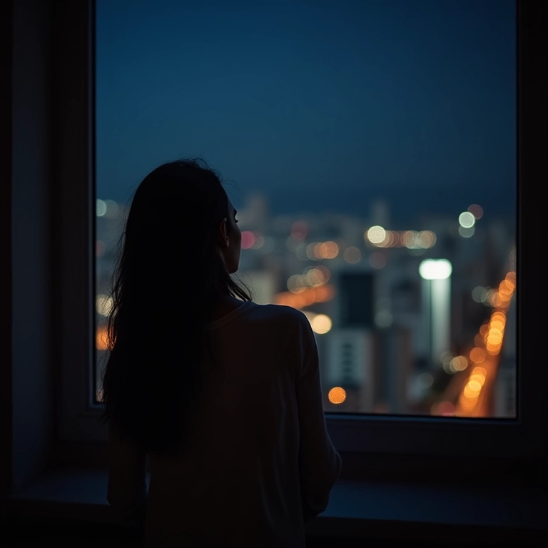 Mulher solitária olhando pela janela à noite, com medo da solidão.