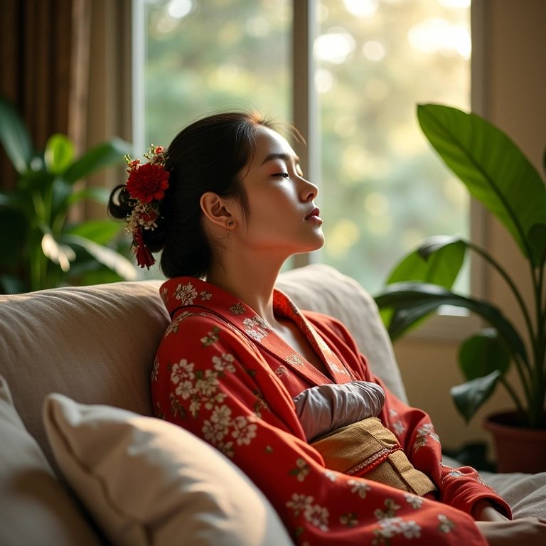 Mulher sonha vestindo kimono em quarto iluminado.