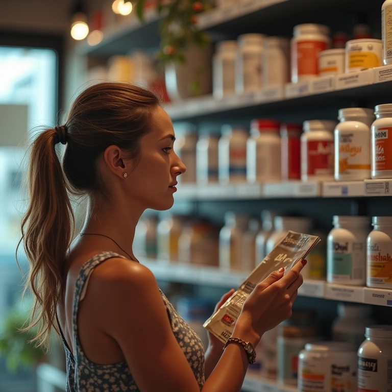 Mulher sonhando que compra whey protein em uma loja de suplementos.