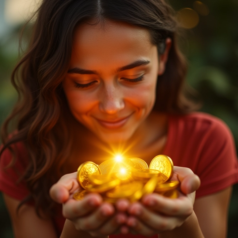 Mulher sorrindo admirando moedas douradas, representando autoestima financeira.