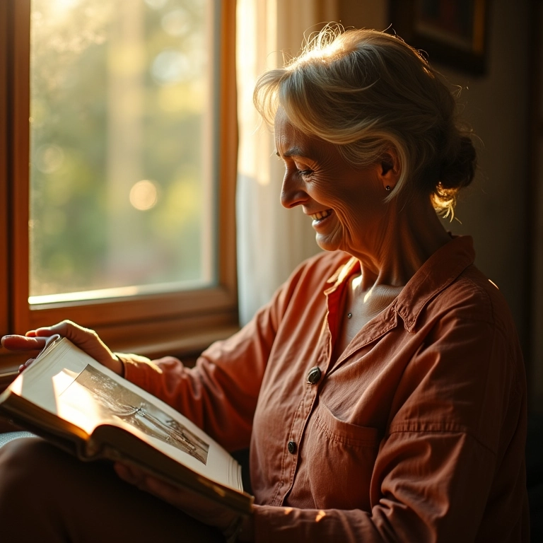Mulher sorrindo ao olhar álbum de fotos antigas, luz solar quente.
