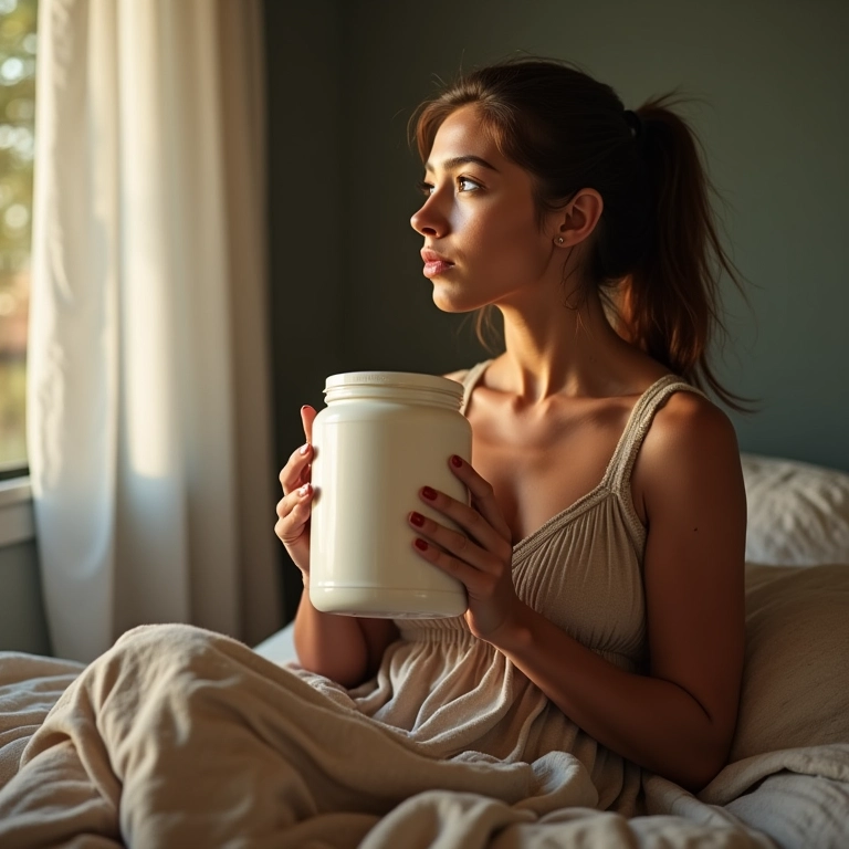 Mulher sorrindo ao sonhar com um pote de whey protein.