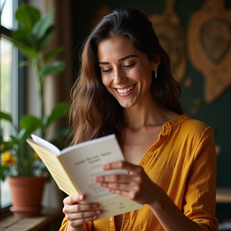 Mulher sorrindo ao ver convite de casamento em cenário brasileiro vibrante.