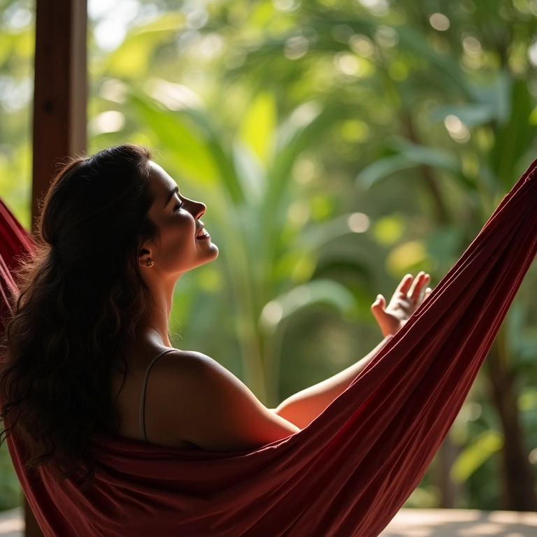 Mulher sorrindo ao ver o irmão falecido sorrindo de volta em sonho, em varanda com jardim.