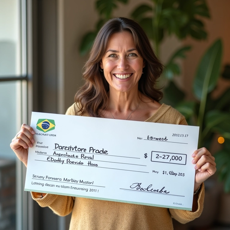 Mulher sorrindo com cheque de prêmio em Reais.