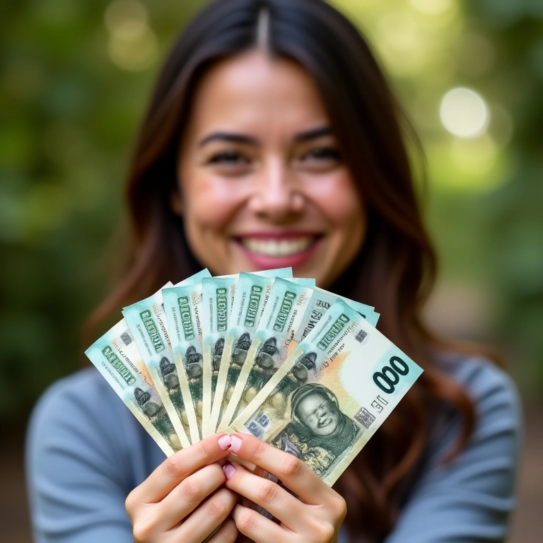 Mulher sorrindo com notas de Real na mão, celebrando o ganho de dinheiro.