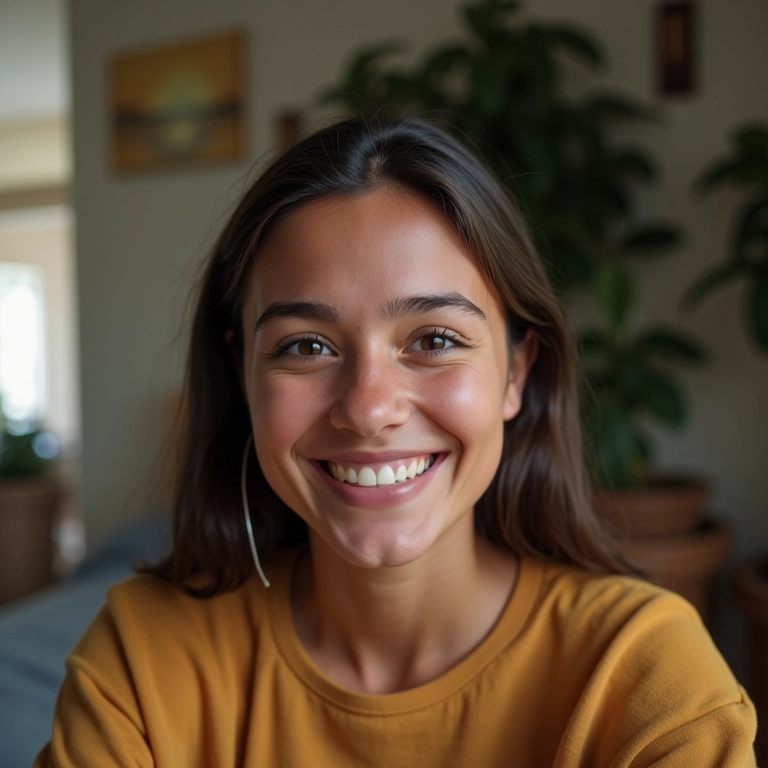 Mulher sorrindo durante uma chamada de vídeo com o irmão, transmitindo alegria e conexão familiar.