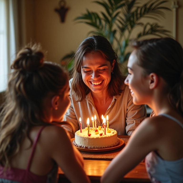 Mulher sorrindo em sua festa de aniversário em casa.