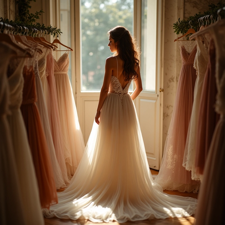 Mulher sorrindo em um ateliê de noivas, cercada por tecidos e rendas.
