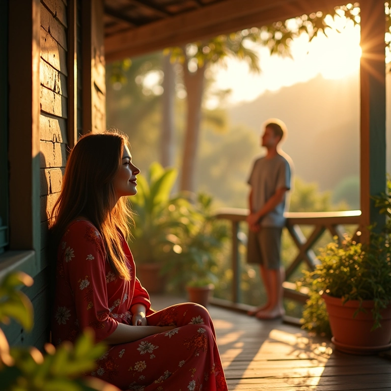 Mulher sorrindo em varanda colorida, olhando para figura distante, representando o irmão falecido em sonho.