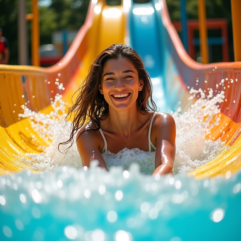 Mulher sorrindo enquanto se diverte em um toboágua em um parque aquático.