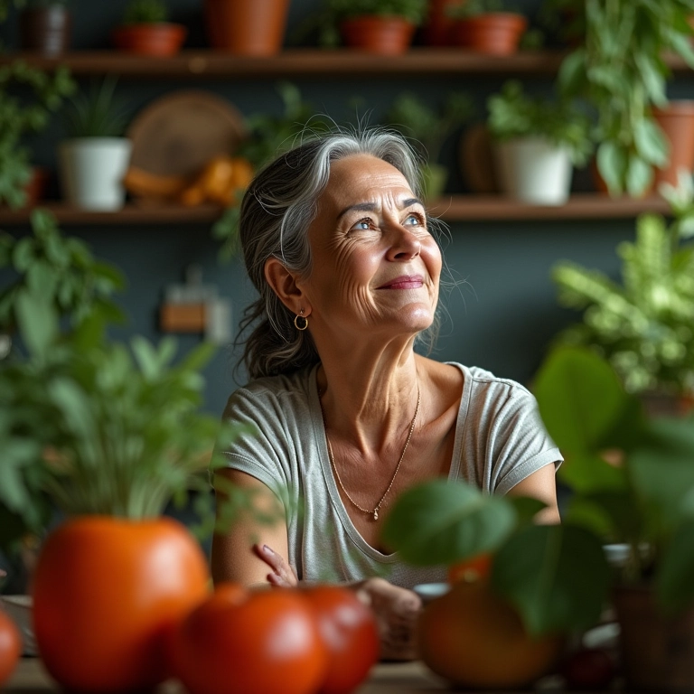Mulher sorrindo lembrando do pai falecido em cozinha ensolarada.