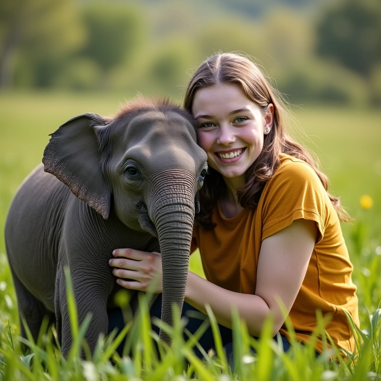 Mulher sorrindo para filhote de elefante em sonho.