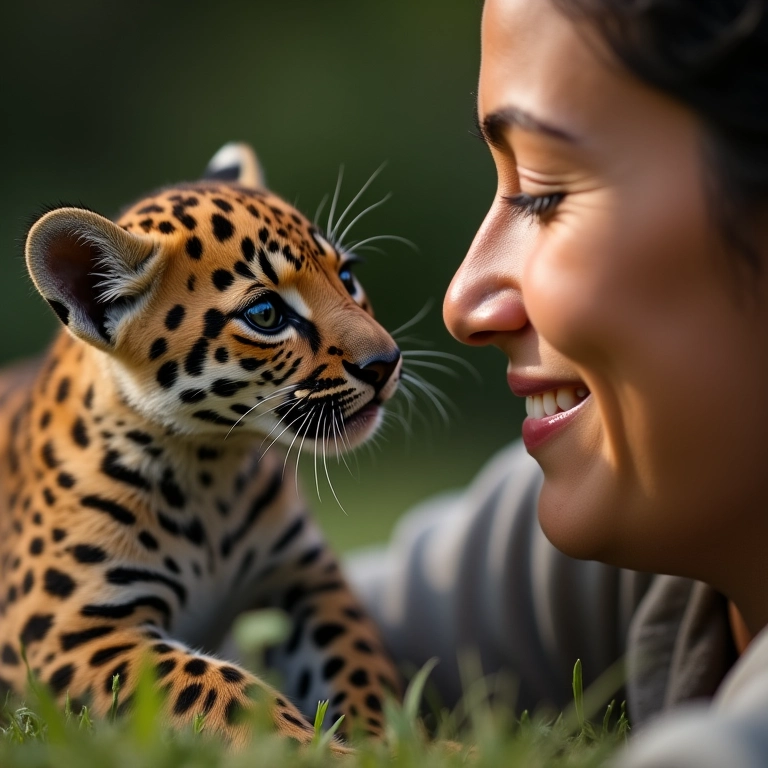 Mulher sorrindo para filhote de onça pintada.