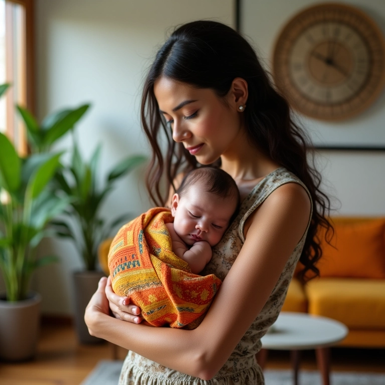 Mulher sorrindo segurando bebê no colo em sala decorada com cores vibrantes.