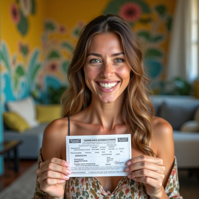 Mulher sorrindo segurando bilhete de loteria premiado.
