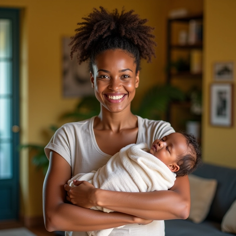 Mulher sorrindo, segurando um cobertor de bebê vazio em casa colorida.