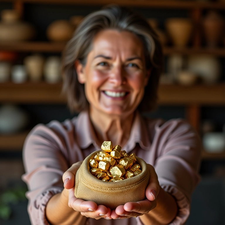 Mulher sorrindo segurando um saquinho cheio de pepitas de ouro.