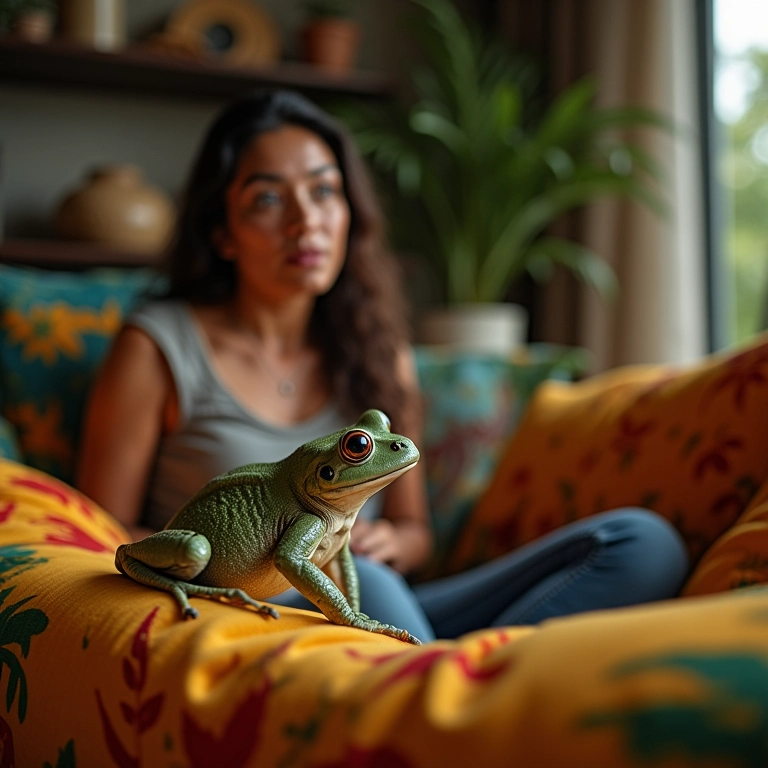 Mulher surpresa ao ver um sapo gigante dentro de casa, cena inusitada e intrigante.