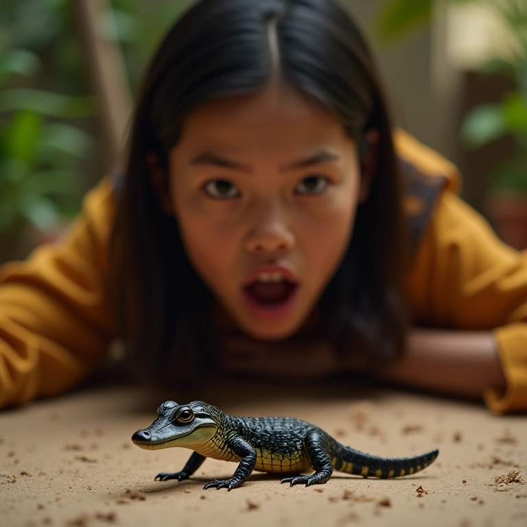 Mulher surpresa com filhote de jacaré.