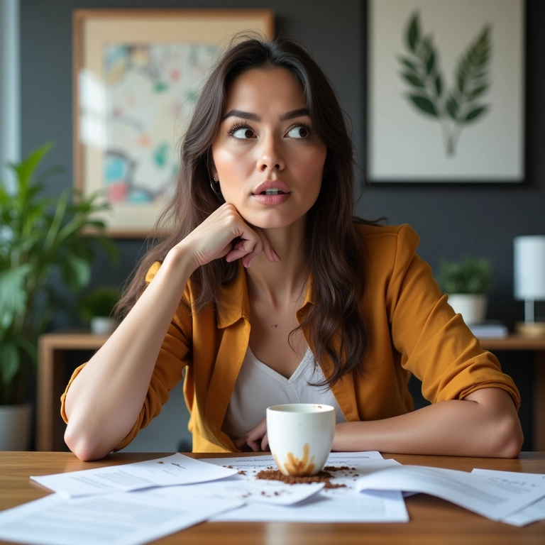 Mulher surpresa no escritório com xícara quebrada e café nos documentos.