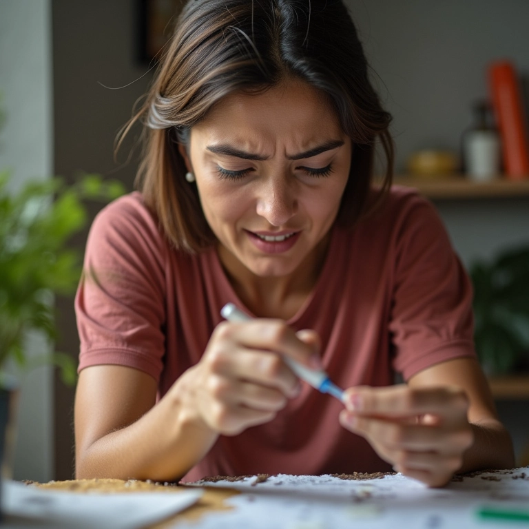 Mulher tentando consertar unha quebrada com cola, expressão frustrada.