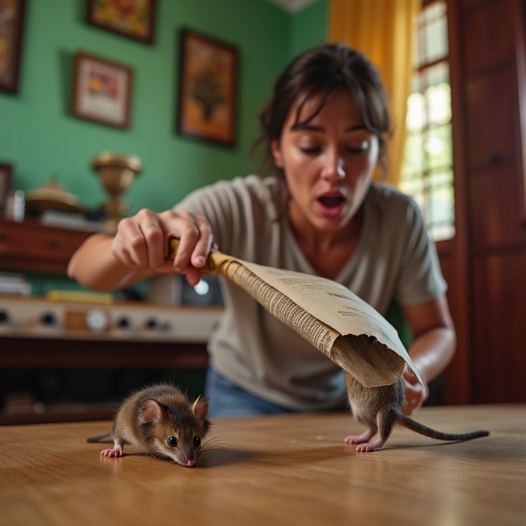 Mulher tentando matar um rato com um jornal em uma sala brasileira.