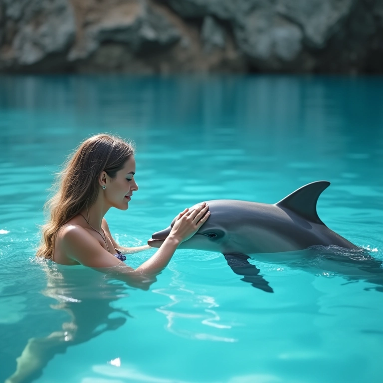 Mulher tocando golfinho em água cristalina, simbolizando alegria e intuição.