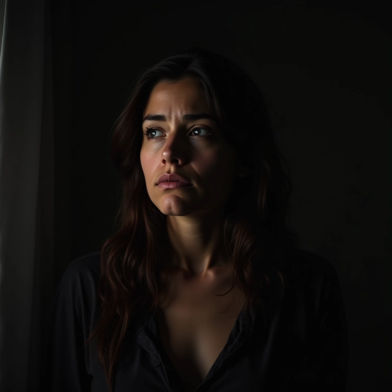 Mulher triste em ambiente sombrio, representando pendências emocionais.