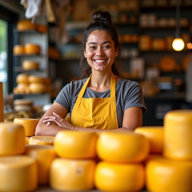 Mulher vendendo queijo em mercado brasileiro, representando sonhos com a venda de queijo.