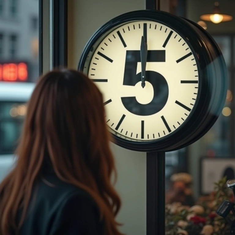 Mulher vendo o número 5 repetidamente em sua vida, simbolizando a persistência de uma mensagem do subconsciente.