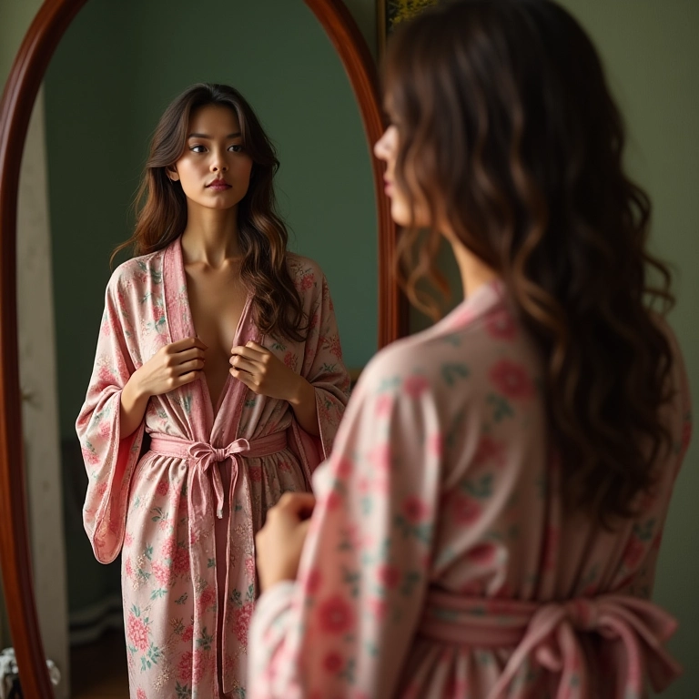 Mulher vestindo um kimono em frente ao espelho.