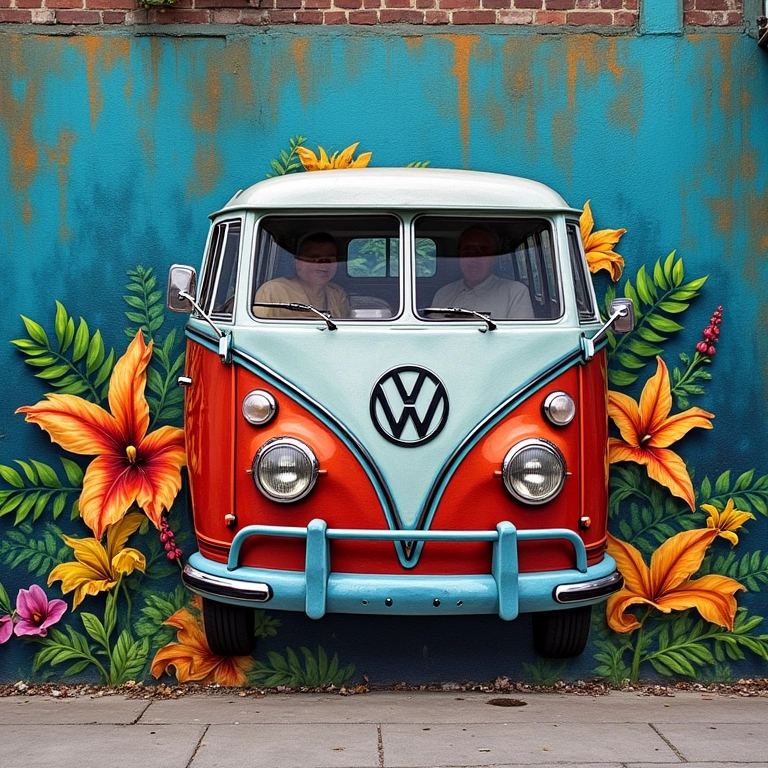 Mural colorido com Kombi e bilhetes de loteria, representando sonhos e sorte no Brasil.