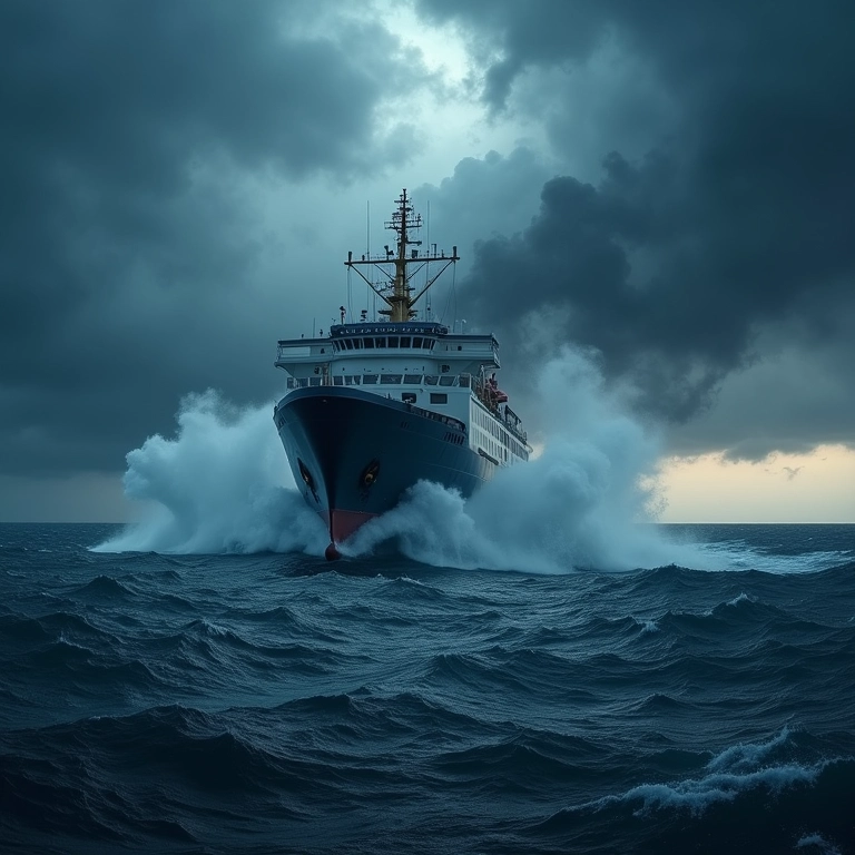 Navio enfrentando uma tempestade no mar.