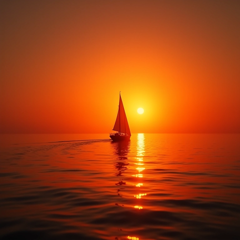 Navio navegando em direção ao nascer do sol, águas calmas.