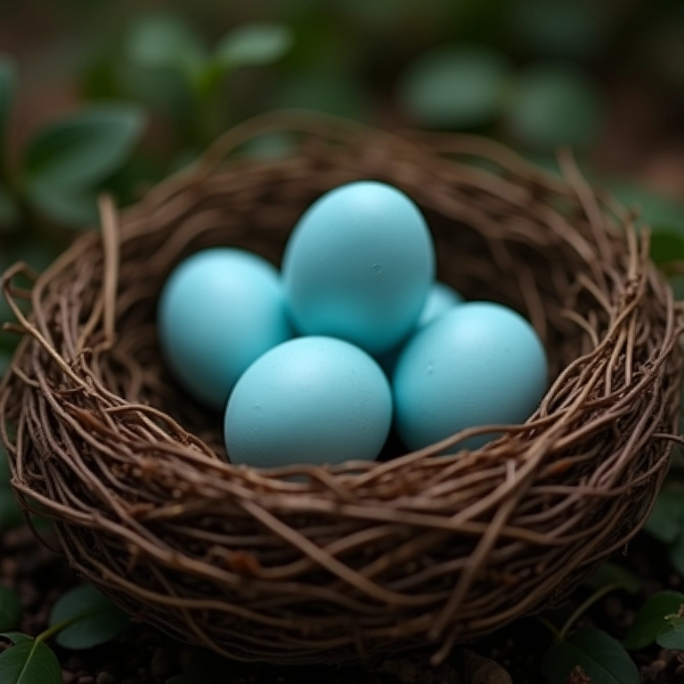 Ninho com pequenos ovos azuis, simbolizando novos começos e fragilidade.