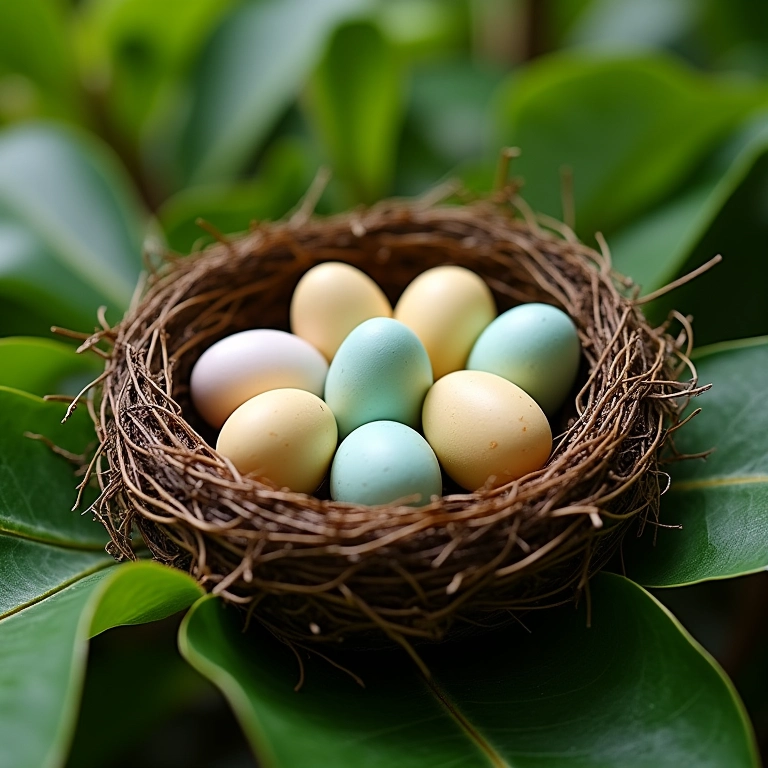 Ninho de pássaro cheio de ovos em um jardim brasileiro vibrante.