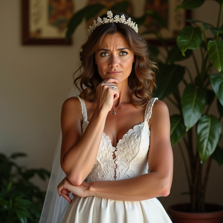 Noiva preocupada durante casamento com pequenos imprevistos.