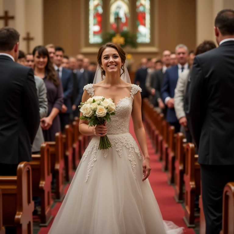 Noiva radiante caminhando para o altar com um vestido deslumbrante.