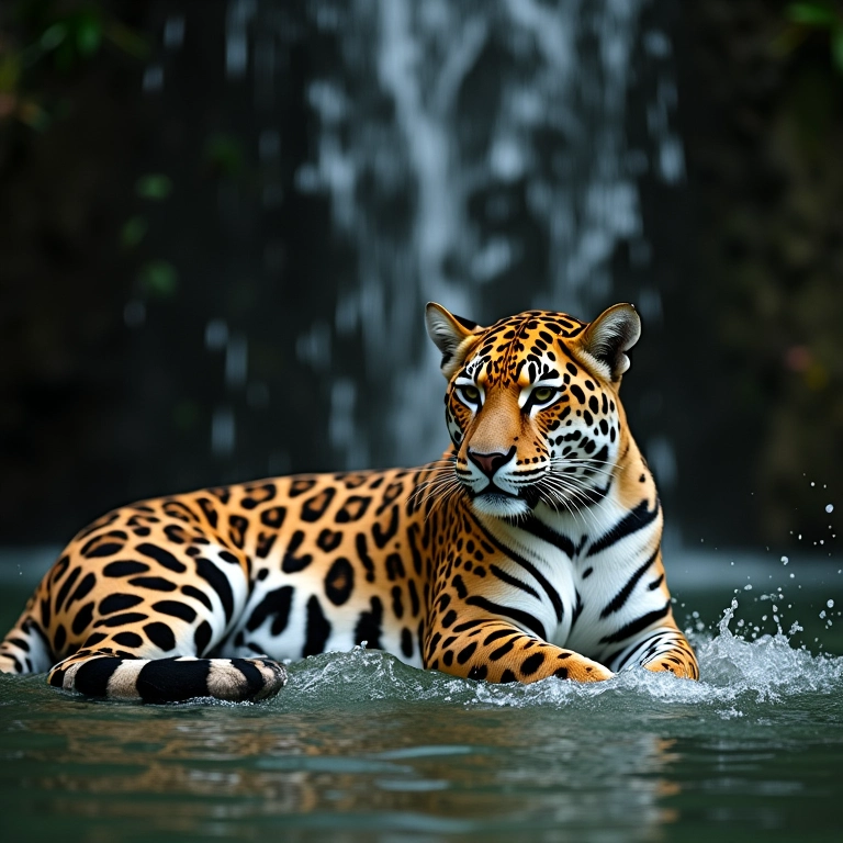 Onça calma descansando sob cachoeira no Pantanal.